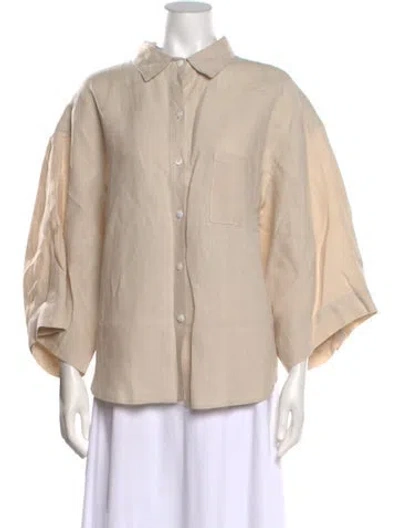 Pre-owned Deiji Studios Linen Three-quarter Sleeve Button-up Top In Blue