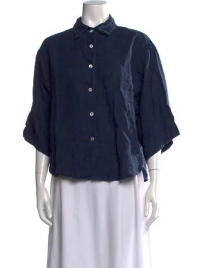 Pre-owned Deiji Studios Linen Three-quarter Sleeve Button-up Top In Blue