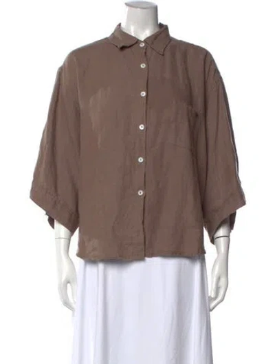 Pre-owned Deiji Studios Linen Three-quarter Sleeve Button-up Top In Brown
