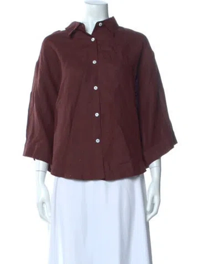 Pre-owned Deiji Studios Linen Three-quarter Sleeve Button-up Top In Burgundy