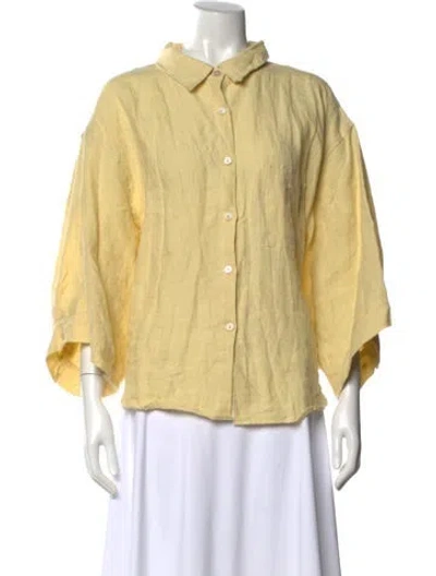 Pre-owned Deiji Studios Linen Three-quarter Sleeve Button-up Top In Yellow