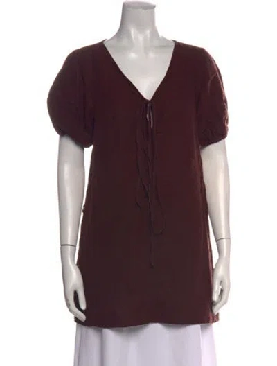 Pre-owned Deiji Studios Linen Tie Neck Top In Brown