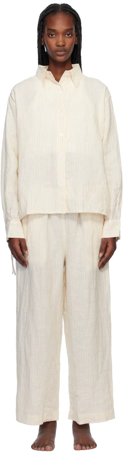 Deiji Studios Off-white Tie Split Pyjama Set In Linen Story Stripe