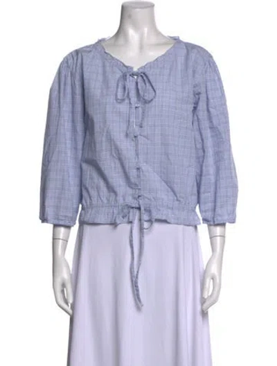 Pre-owned Deiji Studios Plaid Print Tie Neck Top In Blue