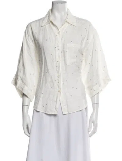 Pre-owned Deiji Studios Printed Three-quarter Sleeve Button-up Top In White