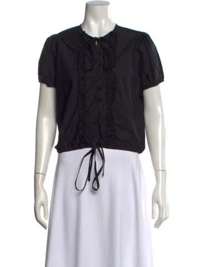 Pre-owned Deiji Studios Tie Neck Short Sleeve Blouse In Black