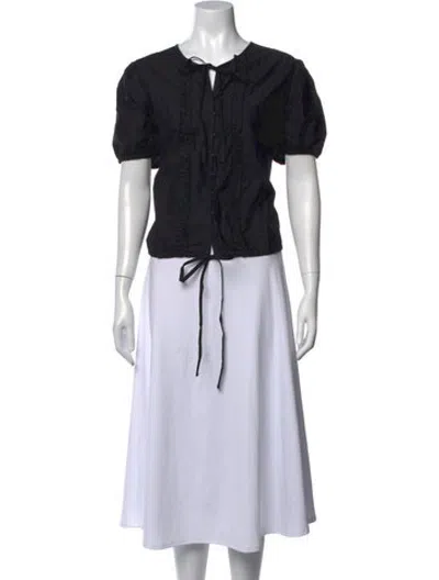 Pre-owned Deiji Studios Tie Neck Short Sleeve Blouse In Black