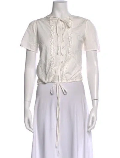 Pre-owned Deiji Studios Tie Neck Short Sleeve Blouse In White