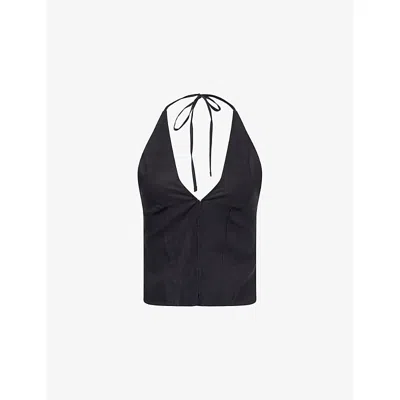 Deiji Studios Womens Black Halterneck Sleeveless Linen Top