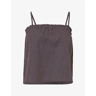 Deiji Studios Womens  Frill Placket Stripe Cami Cotton Top In Brown Blue Stripe