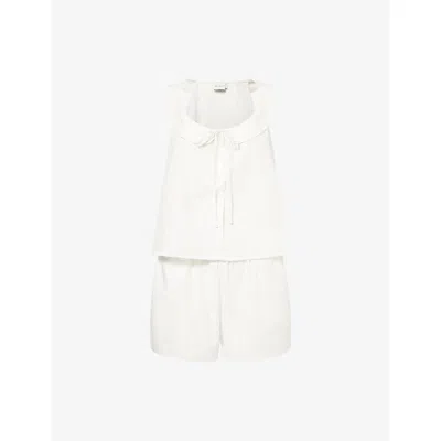 Deiji Studios Womens White Texture Sleeveless Collared Cotton Top-and-shorts Set
