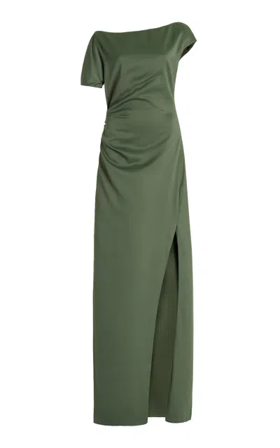 Del Core Asymmetric Satin Maxi Dress In Leaf Green