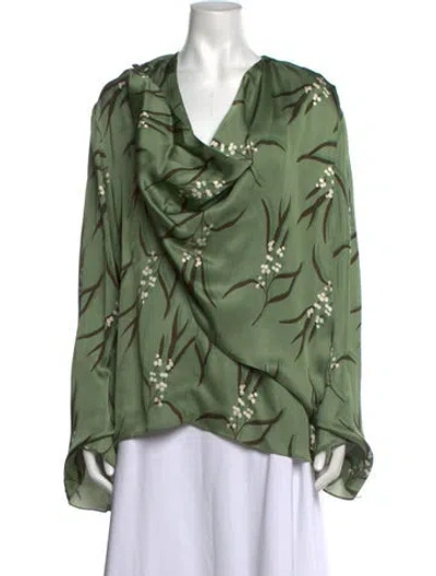 Pre-owned Del Core Floral Print Cowl Neck Blouse In Green