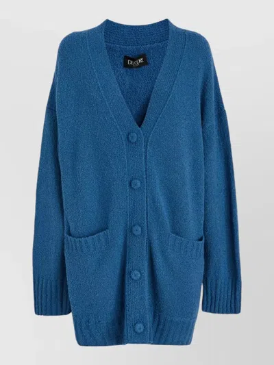 Del Core Knitwear V Neckline Textured Front Pockets Ribbed In Blue