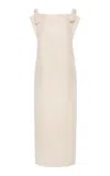 Del Core Open Back Bouclé Tweed Midi Dress In White