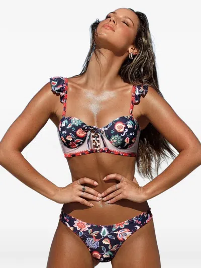 Del Maar Juno Floral-print Crochet-trim Bikini Bottoms In Animal Print