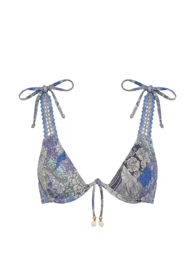Del Maar Nahua Floral-print Tie Bikini Top In Blue