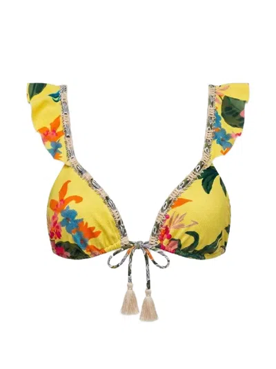 Del Maar Namaka Floral-print Ruffled Bikini Top In Yellow