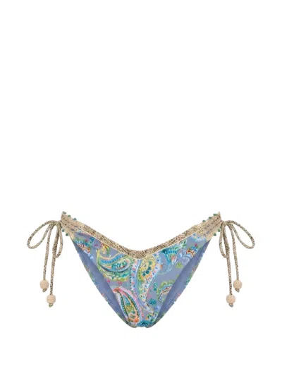 Del Maar Paisley-print Crochet-trim Bikini Bottoms In Blue