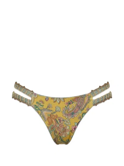 Del Maar Sumay Paisley-print Crochet Bikini Bottoms In Yellow