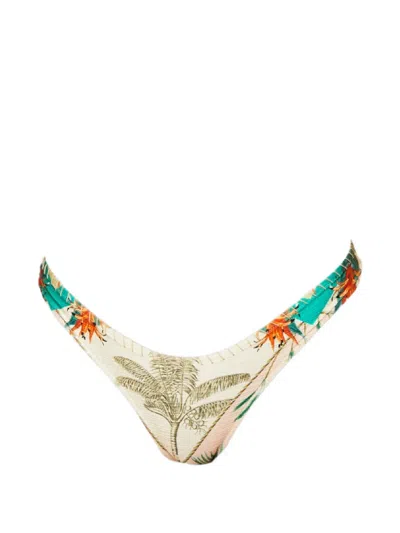 Del Maar Tropical-print Embroidered Bikini Bottoms In Neutral