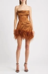 Delfi Collective Adrienne Ostrich Feather Hem Strapless Satin Cocktail Minidress In Brown