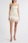 Delfi Collective Adrienne Ostrich Feather Hem Strapless Satin Cocktail Minidress In White