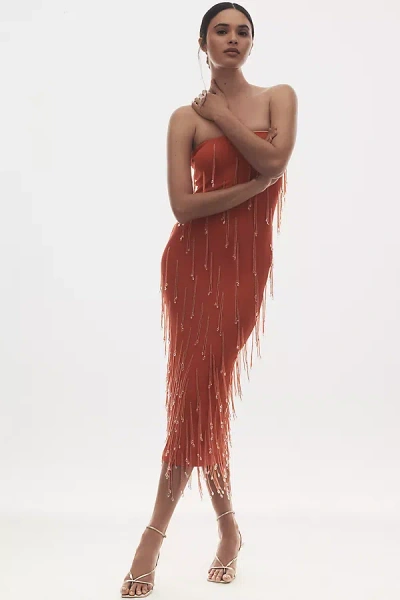 Delfi Collective Amala Strapless Crystal-fringe Slim Midi Dress In Orange
