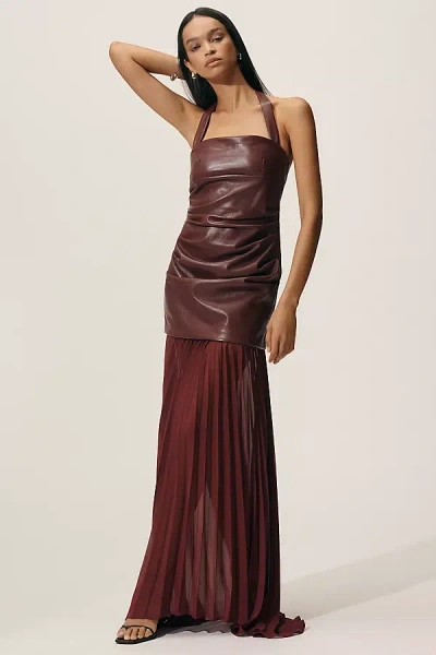 Delfi Collective Delilah Faux-leather Sheer Halter Maxi Dress In Burgundy