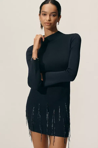 Delfi Collective Elena Long-sleeve Beaded Mini Fringe Dress In Blue