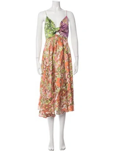 Pre-owned Delfi Collective Floral Print Midi Length Dress In Green