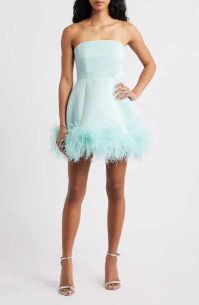 Delfi Collective Ivy Feather Trim Strapless Cocktail Minidress In Blue