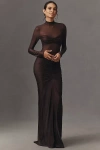 Delfi Collective Jadienne Sheer Long-sleeve Maxi Dress In Brown