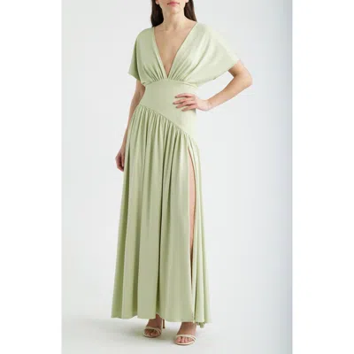 Delfi Collective Plunge Neck Side Slit Gown In Green