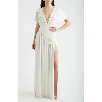 Delfi Collective Plunge Neck Side Slit Gown In White