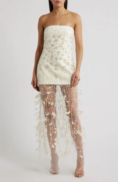 Delfi Collective Salma Bead & Feather Strapless Gown In White