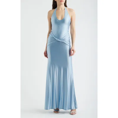 Delfi Collective Soraya Halter Neck Satin Jersey Gown In Blue