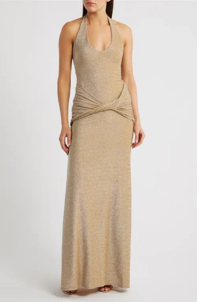 Delfi Collective Soraya Metallic Jersey Halter Column Gown In Brown