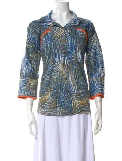 Pre-owned Delfina Balda Printed Three-quarter Sleeve Button-up Top In Blue