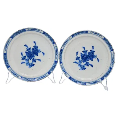 Pre-owned Delft Antique  - Set Of Blue And White Ware Plates With Roses - 18th Century