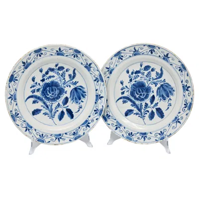 Pre-owned Delft Antique Dutch  18th Century Pair Of Blue Floral Delfware Platters