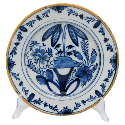 Pre-owned Delft Antique Dutch  - Blue And White 'chinoiserie' Floral  Plate, Ca 1800.