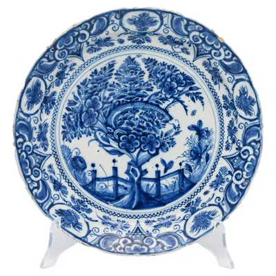 Pre-owned Delft Antique Dutch  -blue And White 'tea Tree' Plate -18th Century, Witte Starre