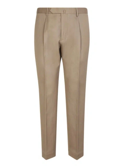 Dell'oglio Dark Beige Linen And Cotton Blend Trousers In Brown