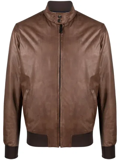 Dell'oglio Leather Bomber Jacket In Brown