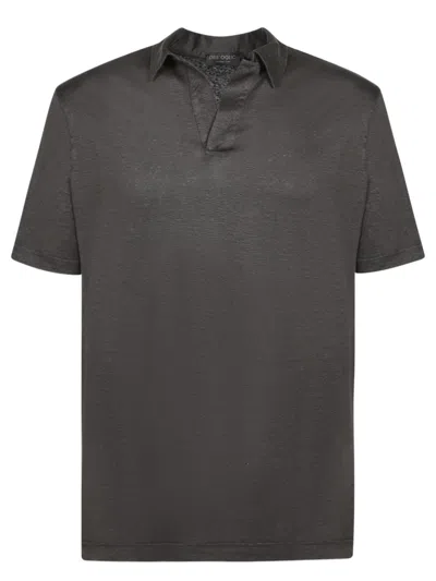 Dell'oglio Linen Polo Shirt With Three-button Collar In Gray
