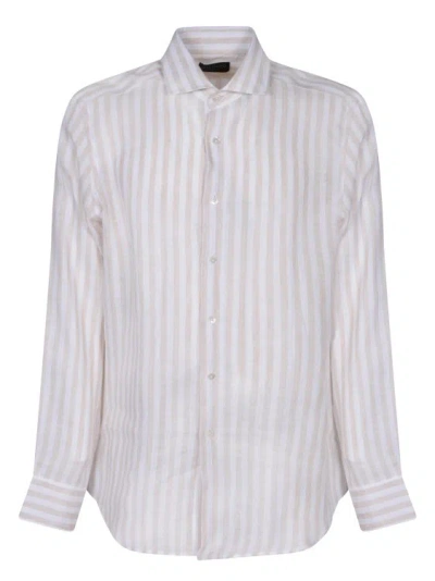 Dell'oglio Linen Shirt With Thin Vertical Beige And White Stripes