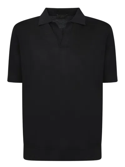 Dell'oglio Refined Black Crepe Polo Shirt