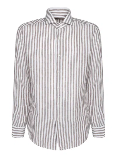 Dell'oglio Relaxed Fit Brown Linen Shirt In White