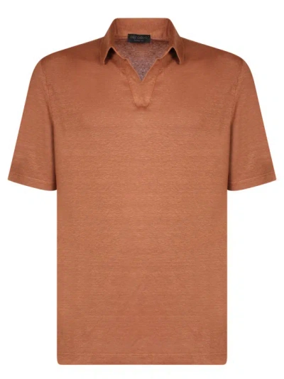Dell'oglio Short Sleeve Polo In Linen Jersey In Brown